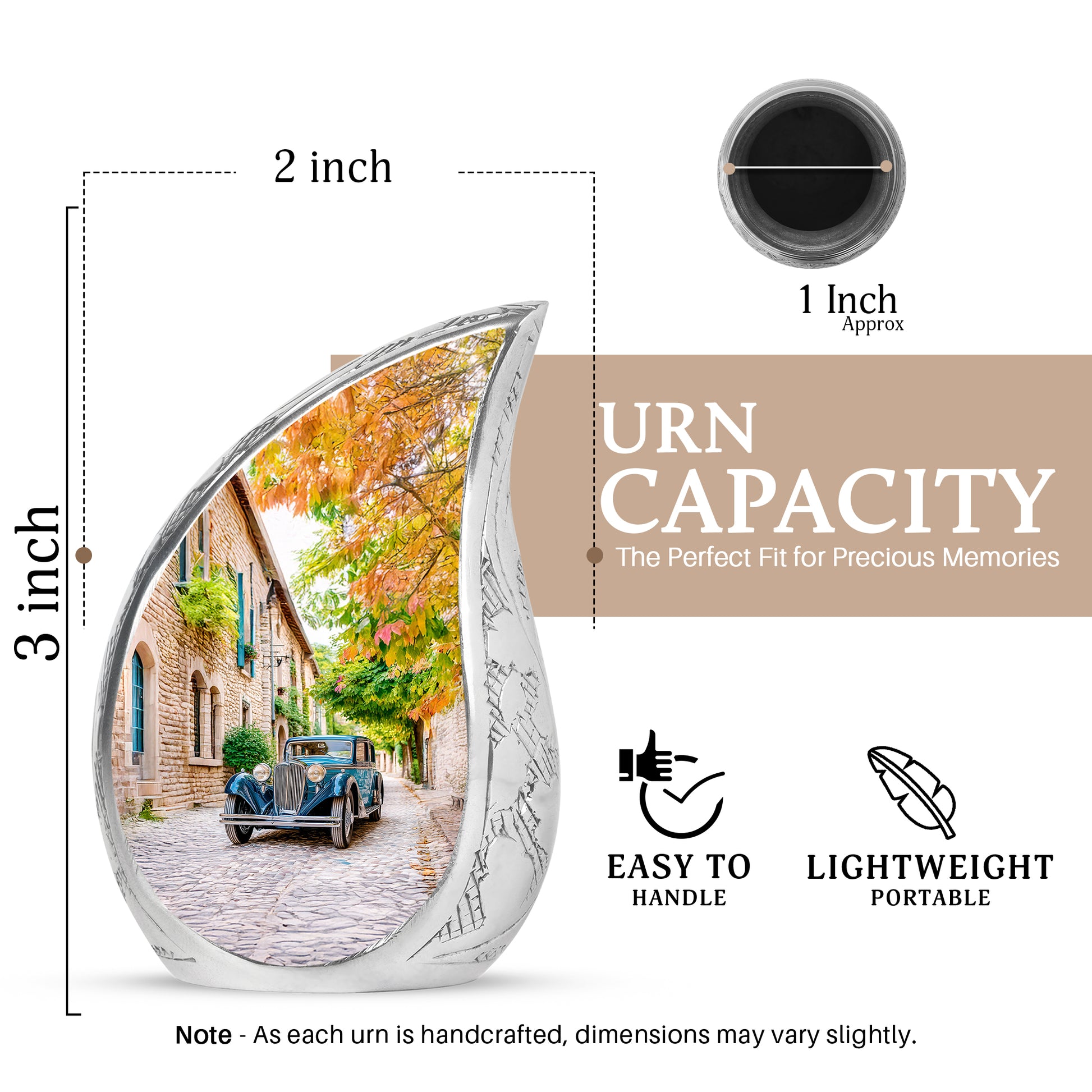Warm Gold Car Cremation Urn angled view of lid and engraved motif - graceful tear-shaped urn with car motif - mini keepsake memorial for portion of cremation ashes