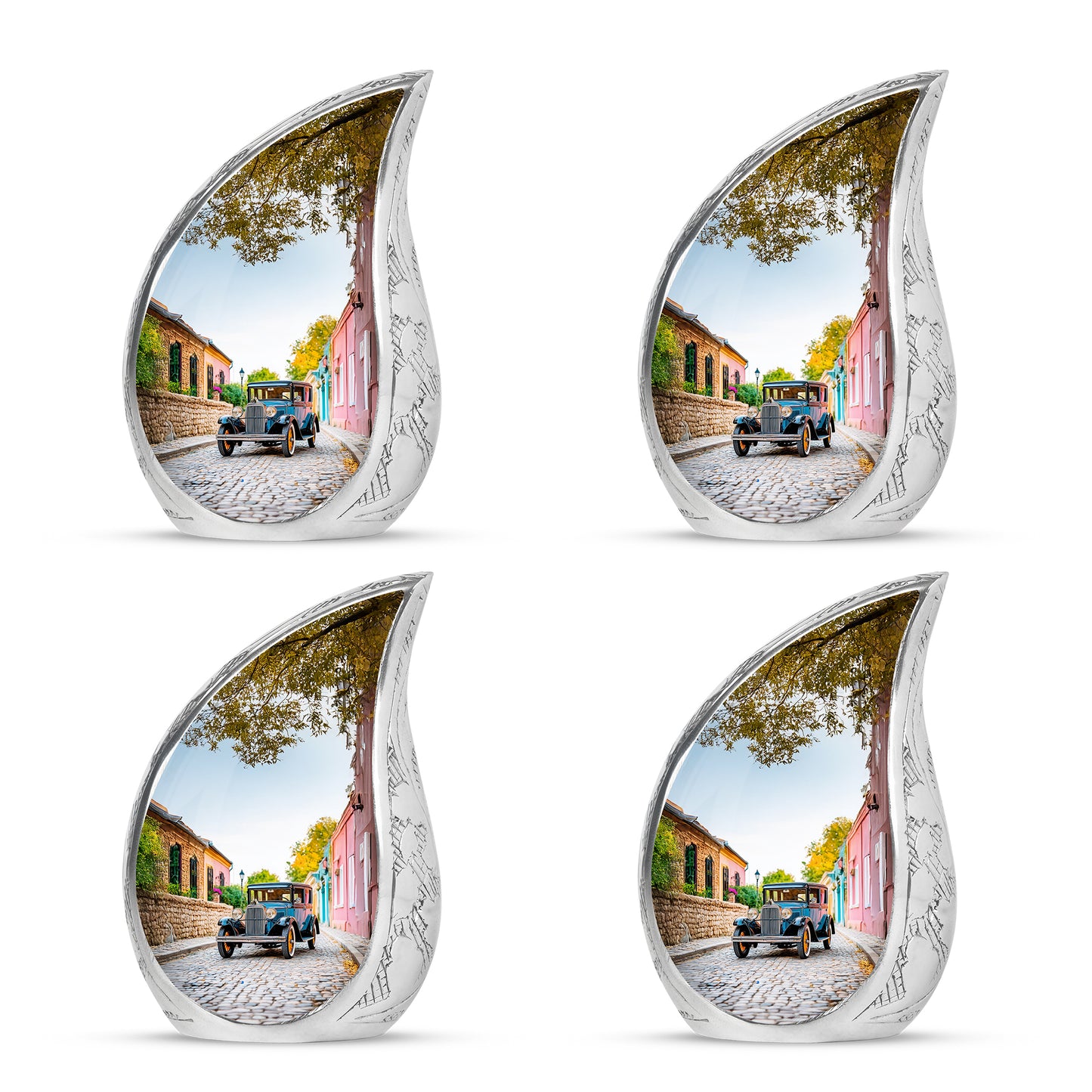 Porcelain White Car Cremation Urn close-up of engraving and surface detail - smooth teardrop contour featuring car art - 10 inch aluminum urn for cremated remains