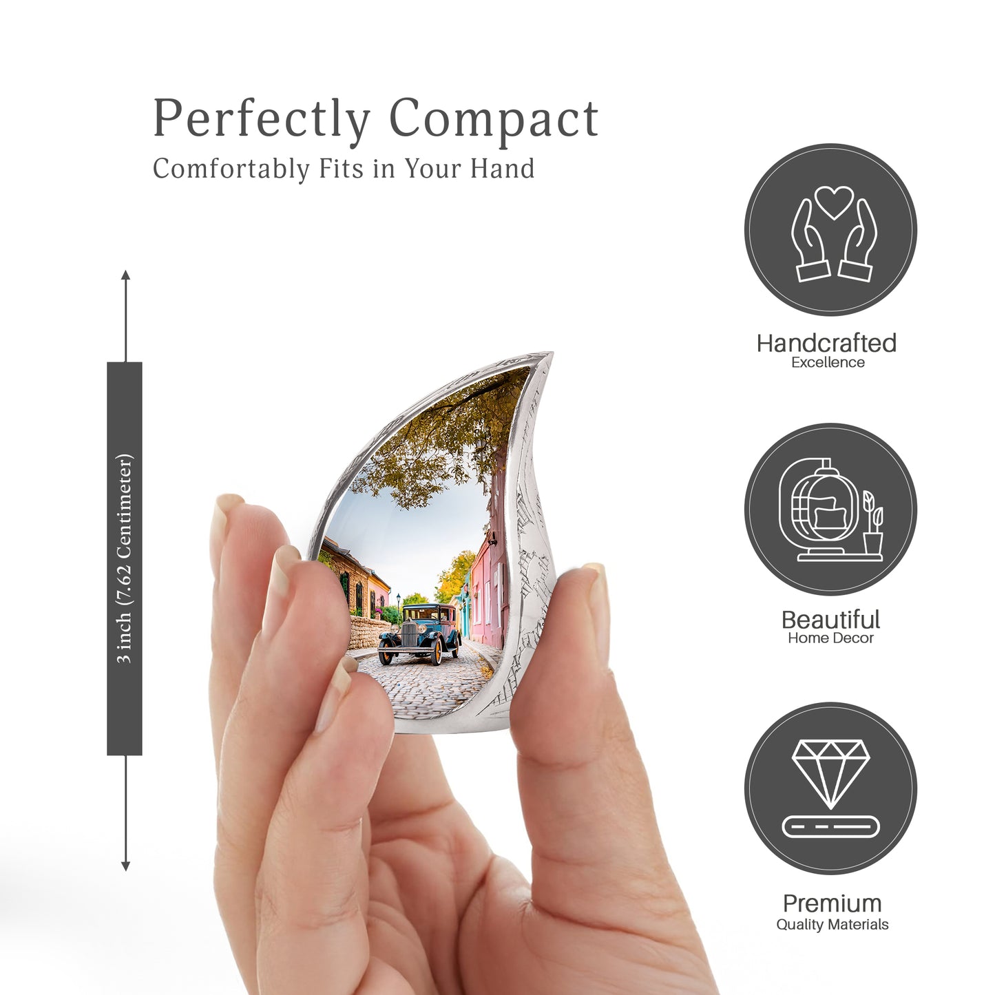 Frost White Car Cremation Urn angled view of lid and engraved motif - flowing teardrop car silhouette on curved aluminum - mini keepsake memorial for portion of cremation ashes
