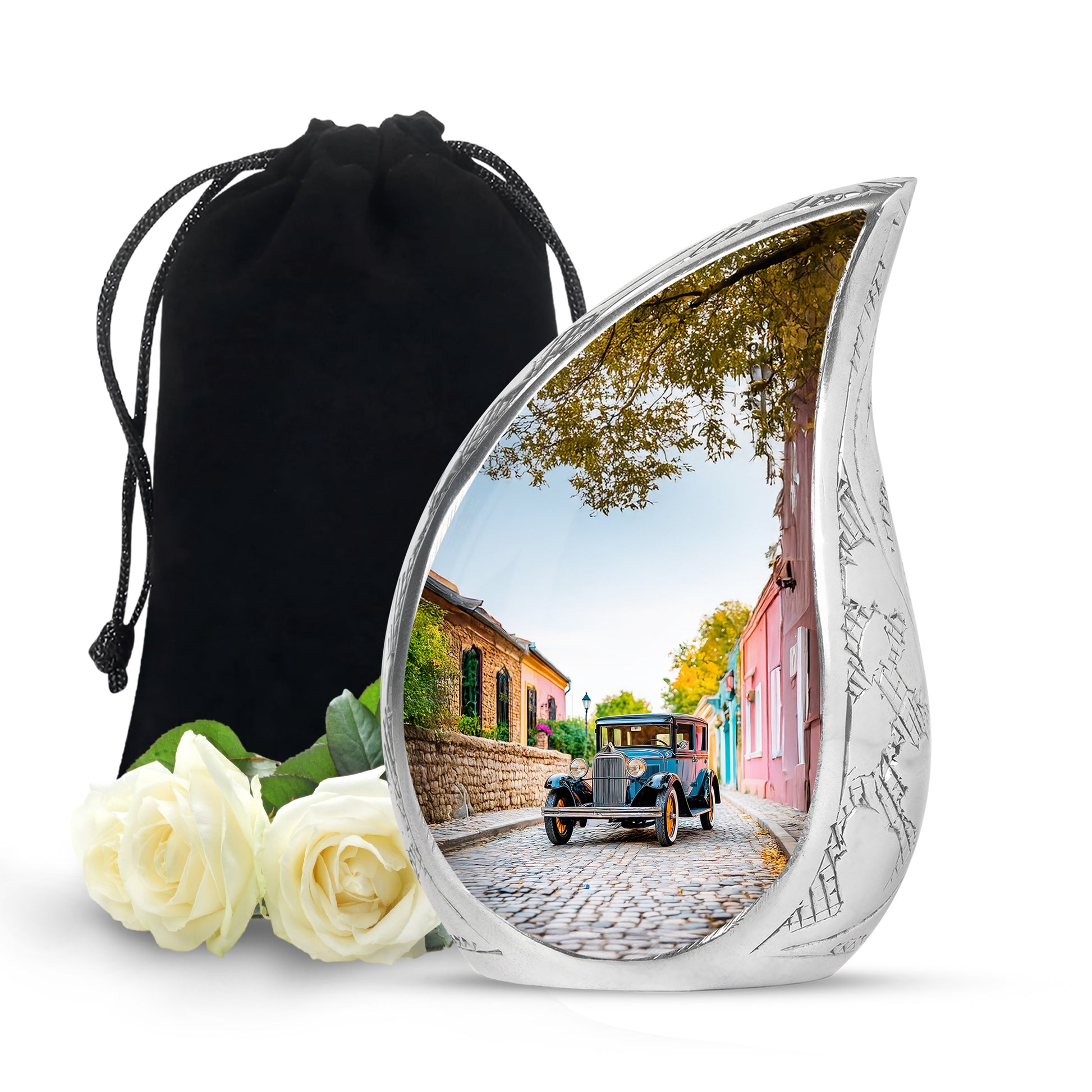 Frost White Car Cremation Urn front view showing detailed design - rounded teardrop car design with delicate detail - full-size 10 inch 200 cubic inch adult cremation urn