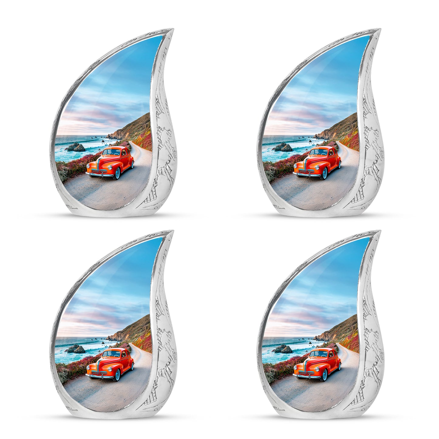 Soft Blue Car Cremation Urn close-up of engraving and surface detail - smooth teardrop contour featuring car art - 10 inch aluminum urn for cremated remains