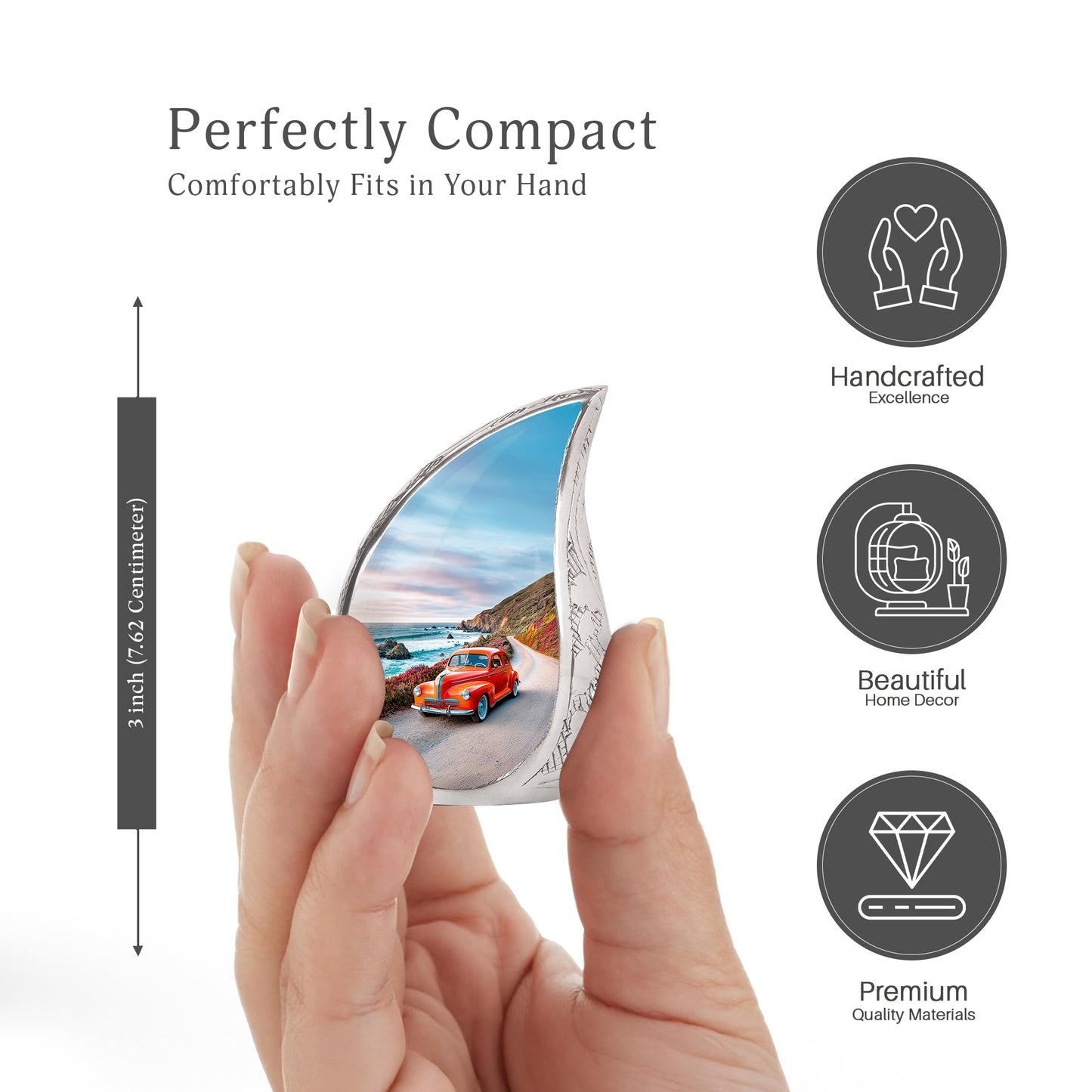Sapphire Blue Car Cremation Urn angled view of lid and engraved motif - smooth teardrop contour featuring car art - mini keepsake memorial for portion of cremation ashes