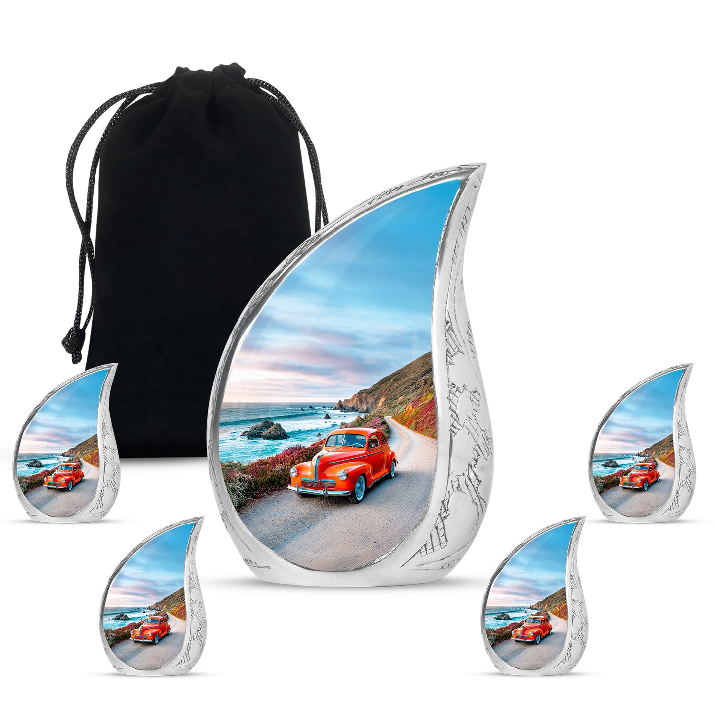 Serene Blue Car Cremation Urn side profile showing urn shape - smooth teardrop contour featuring car art - memorial set with one large and four small urns
