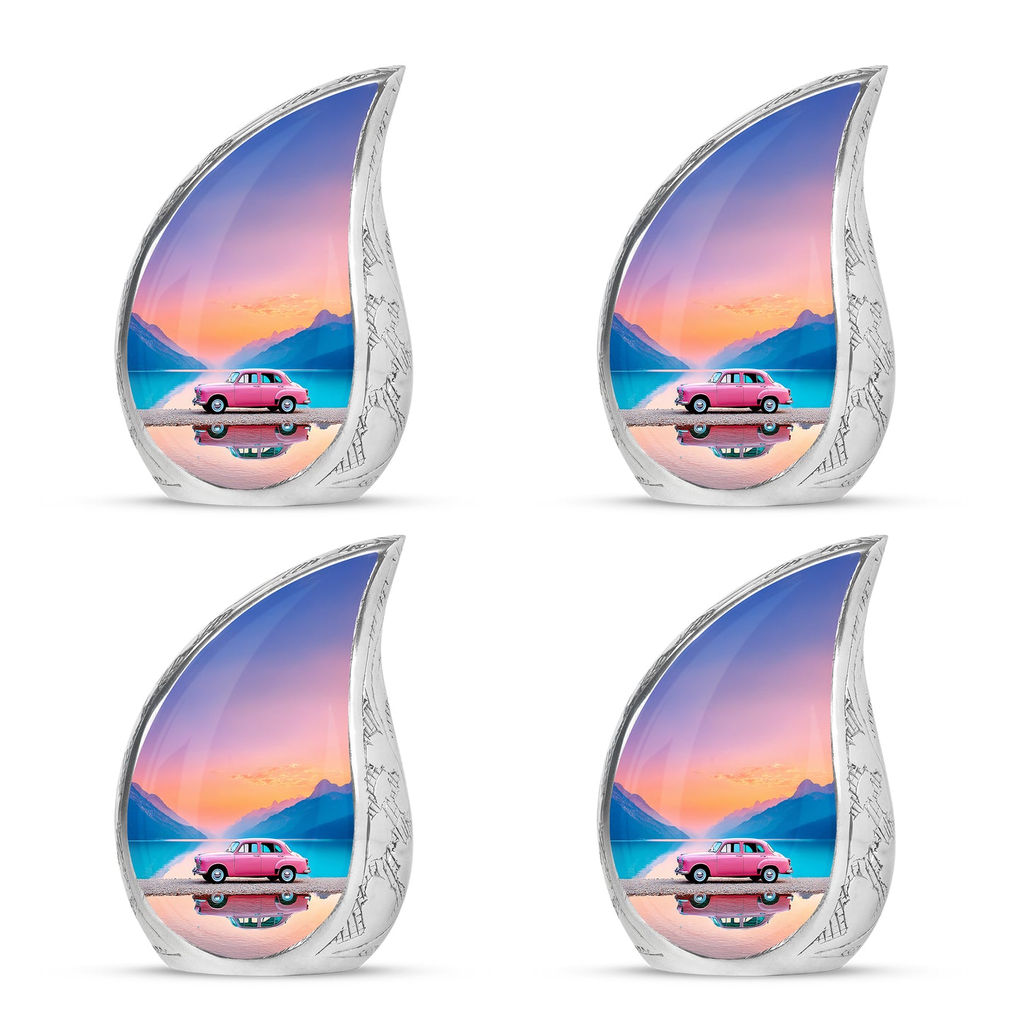 Wine Red Car Cremation Urn close-up of engraving and surface detail - rounded teardrop car design with delicate detail - 10 inch aluminum urn for cremated remains