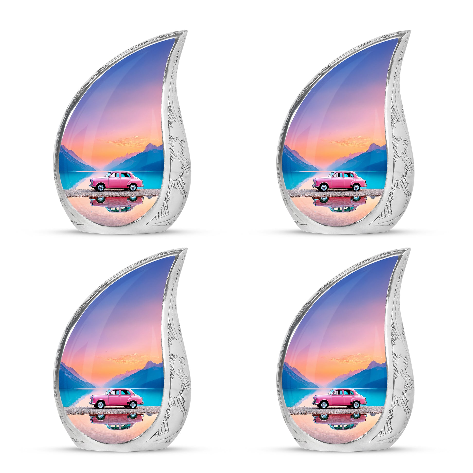 Wine Red Car Cremation Urn close-up of engraving and surface detail - rounded teardrop car design with delicate detail - 10 inch aluminum urn for cremated remains