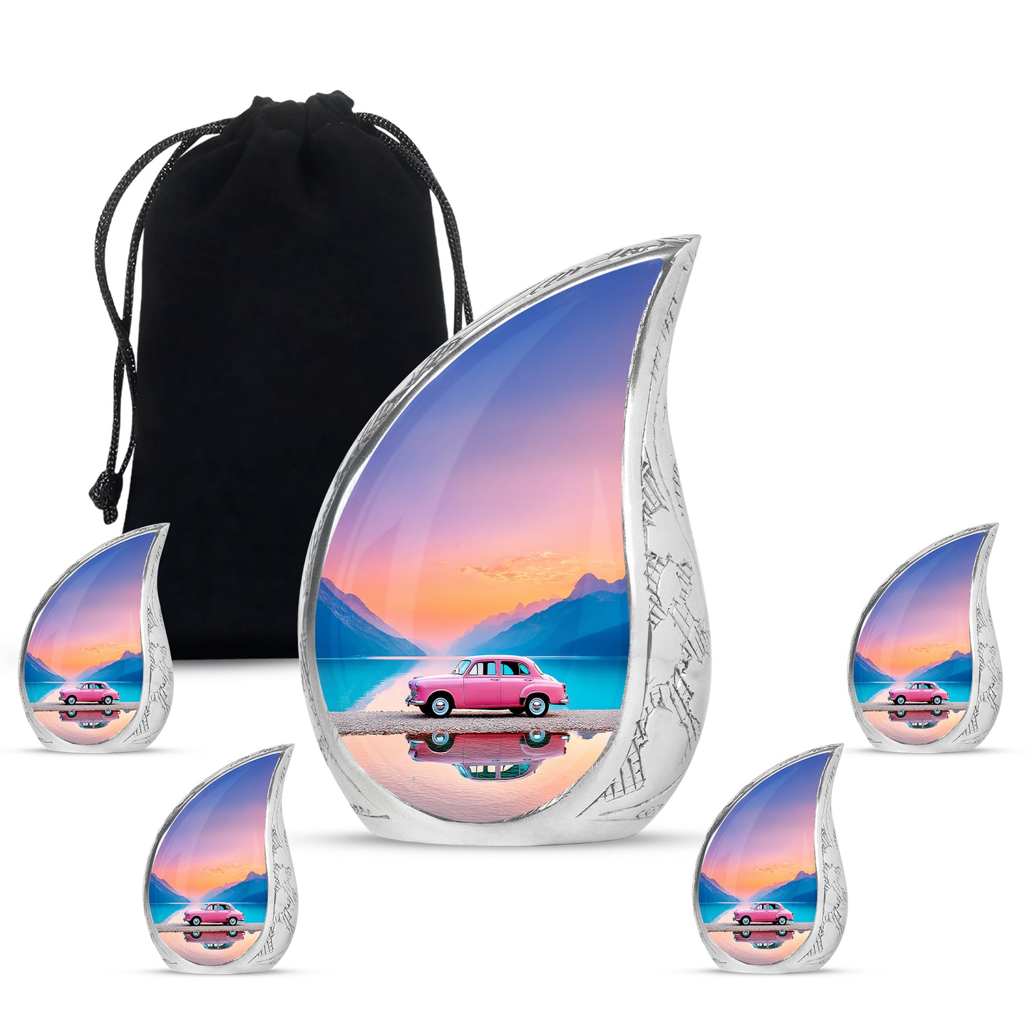 Garnet Red Car Cremation Urn side profile showing urn shape - rounded teardrop car design with delicate detail - memorial set with one large and four small urns