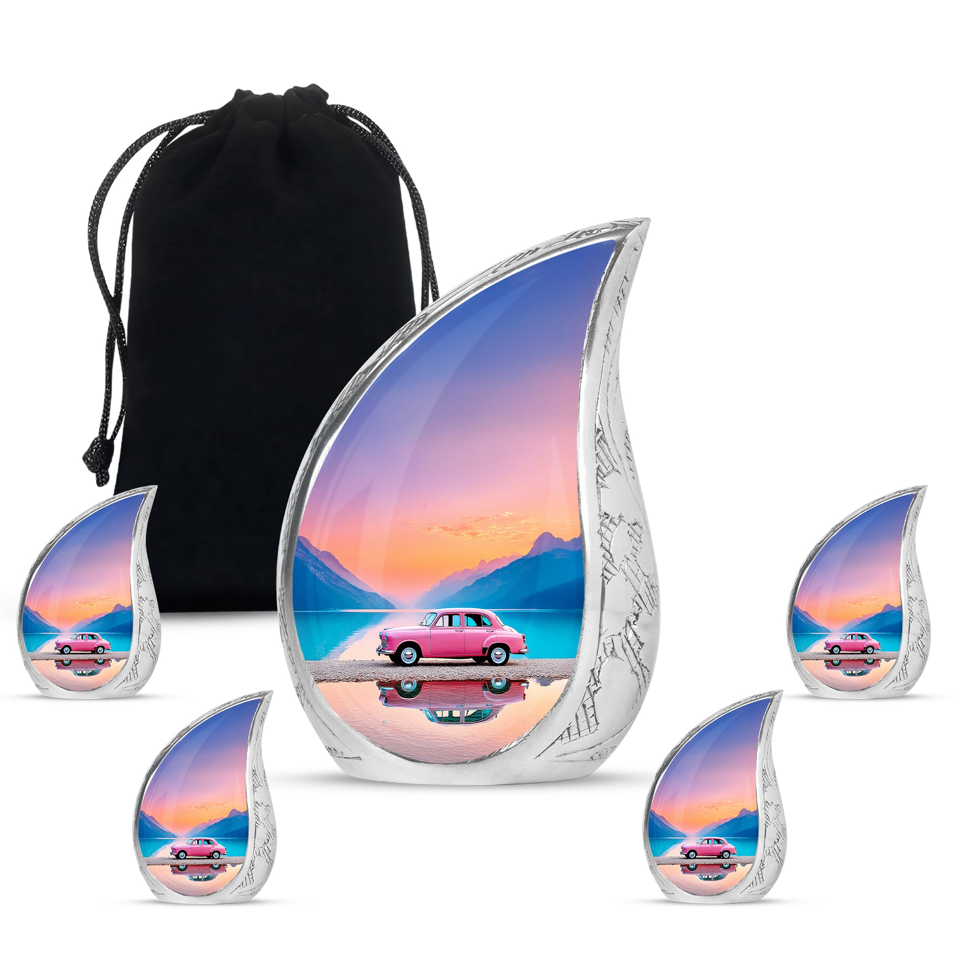 Garnet Red Car Cremation Urn side profile showing urn shape - rounded teardrop car design with delicate detail - memorial set with one large and four small urns