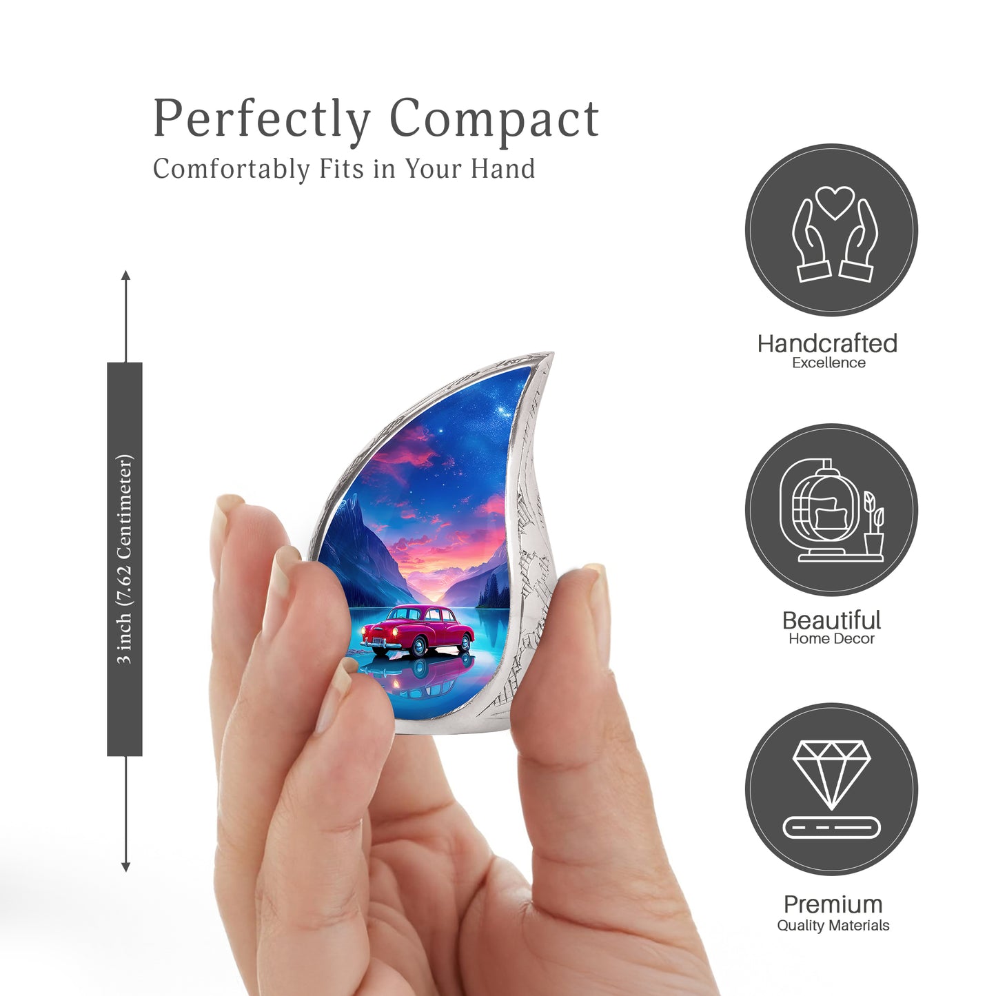 Cobalt Blue Car Cremation Urn angled view of lid and engraved motif - smooth teardrop contour featuring car art - mini keepsake memorial for portion of cremation ashes