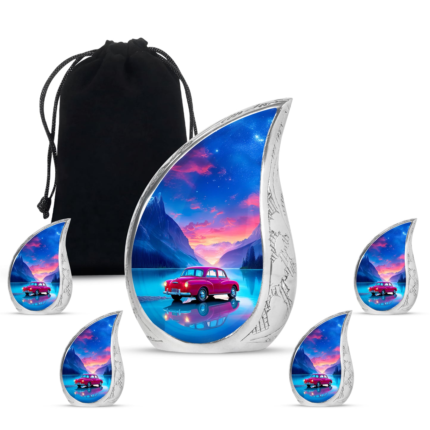 Twilight Blue Car Cremation Urn side profile showing urn shape - smooth teardrop contour featuring car art - memorial set with one large and four small urns
