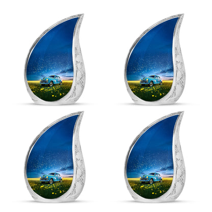 Pastel Blue Car Cremation Urn close-up of engraving and surface detail - flowing teardrop car silhouette on curved aluminum - 10 inch aluminum urn for cremated remains