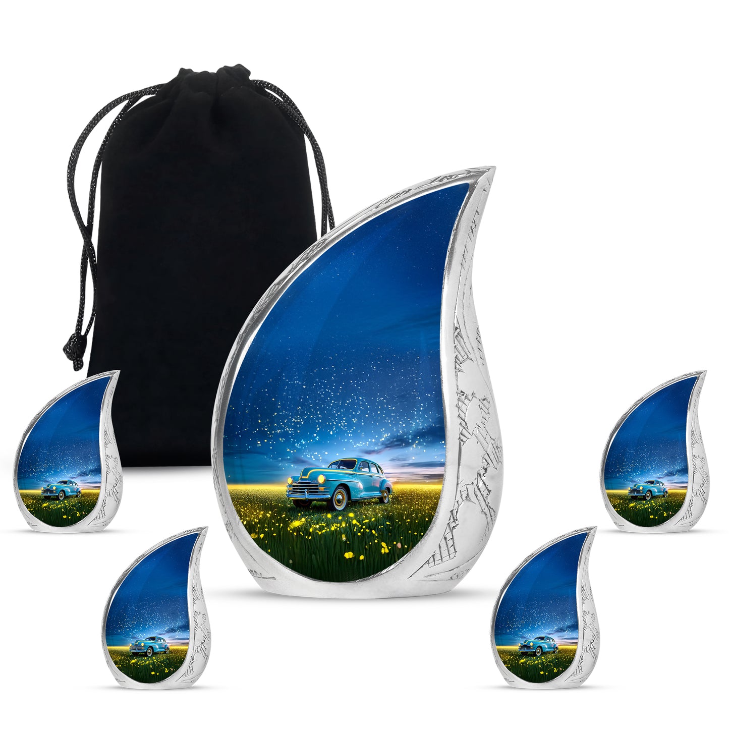 Dusty Blue Car Cremation Urn side profile showing urn shape - flowing teardrop car silhouette on curved aluminum - memorial set with one large and four small urns