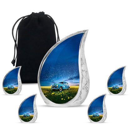 Dusty Blue Car Cremation Urn side profile showing urn shape - flowing teardrop car silhouette on curved aluminum - memorial set with one large and four small urns