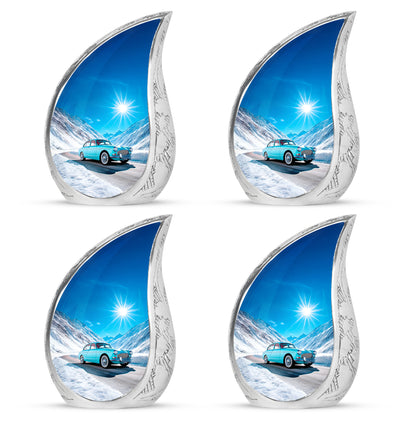 Sky Blue Car Cremation Urn close-up of engraving and surface detail - rounded teardrop car design with delicate detail - 10 inch aluminum urn for cremated remains