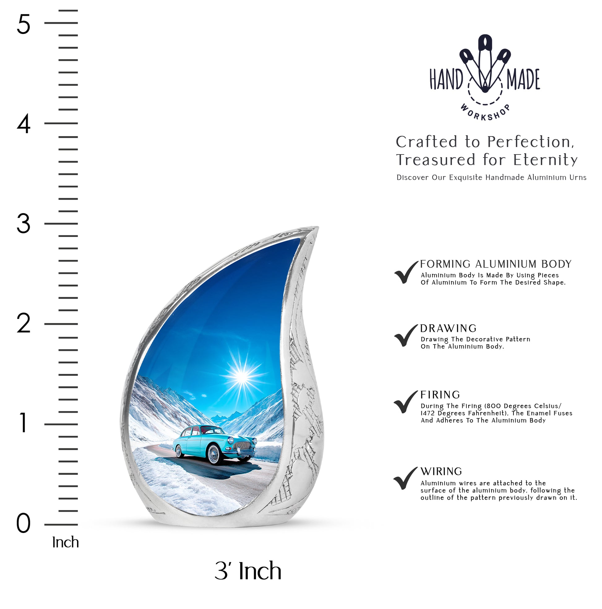 Twilight Blue Car Cremation Urn angled view of lid and engraved motif - smooth teardrop contour featuring car art - mini keepsake memorial for portion of cremation ashes
