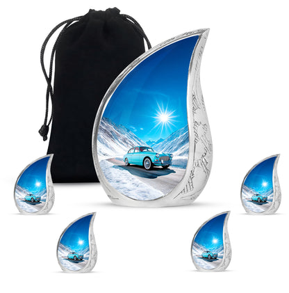 Serene Blue Car Cremation Urn side profile showing urn shape - smooth teardrop contour featuring car art - memorial set with one large and four small urns