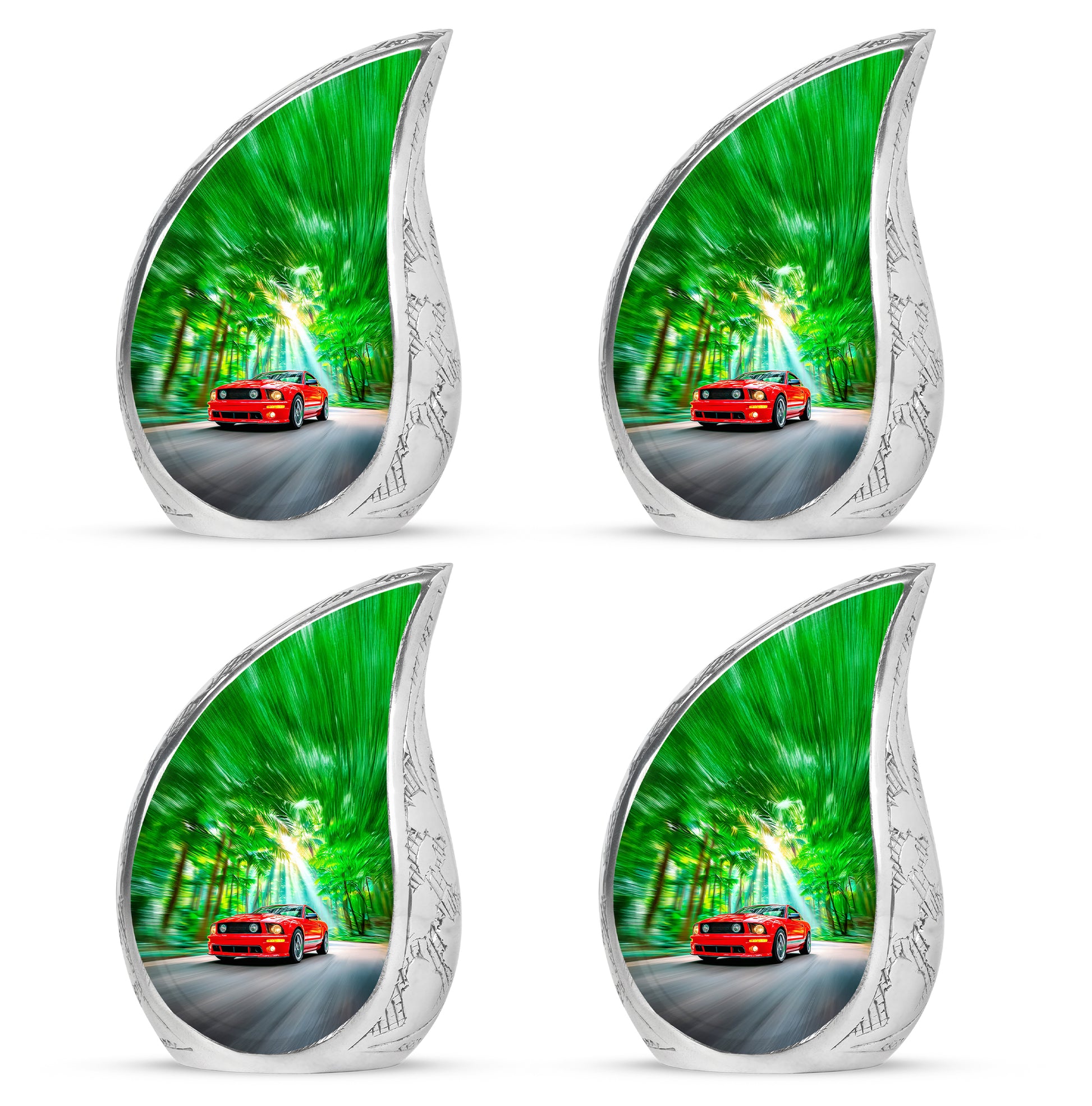 Emerald Green Car Cremation Urn close-up of engraving and surface detail - rounded teardrop car design with delicate detail - 10 inch aluminum urn for cremated remains