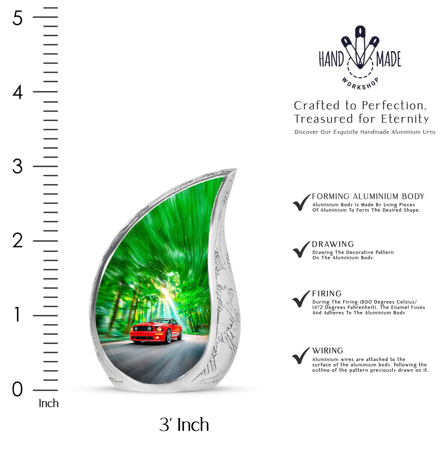 Forest Green Car Cremation Urn angled view of lid and engraved motif - graceful tear-shaped urn with car motif - mini keepsake memorial for portion of cremation ashes