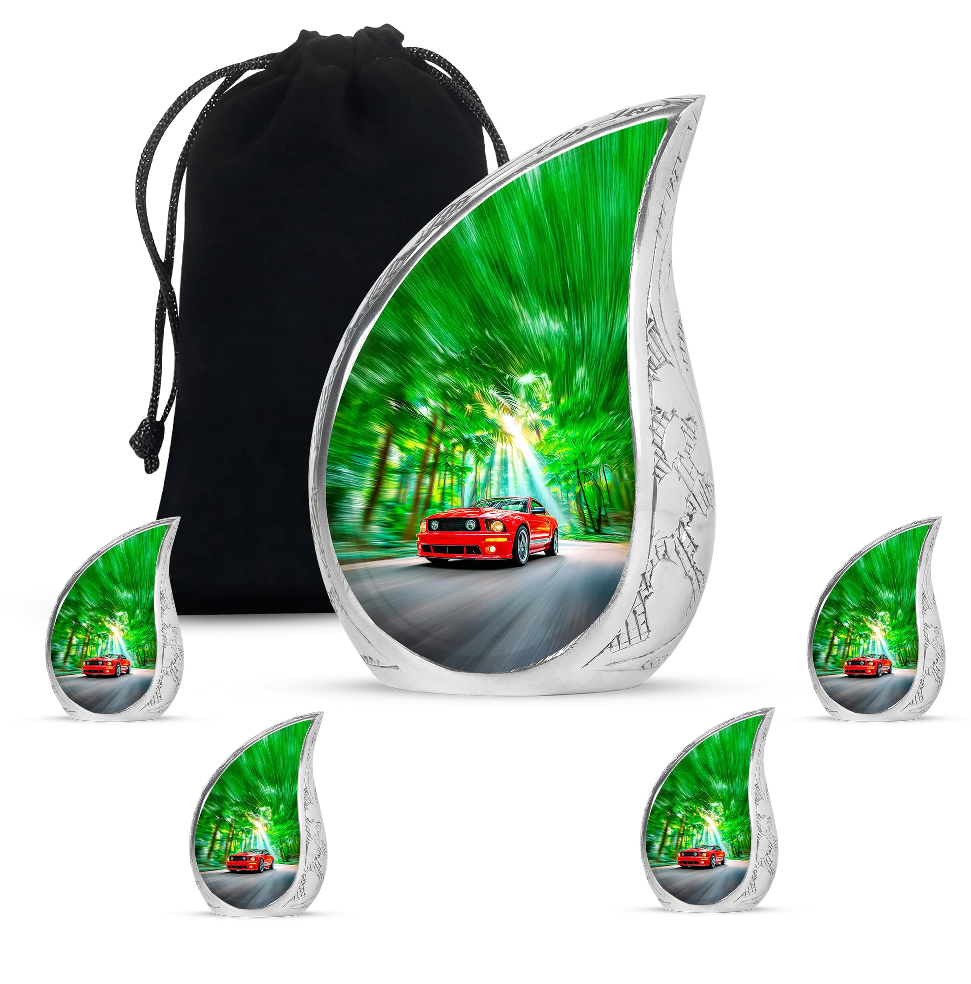 Emerald Green Car Cremation Urn side profile showing urn shape - rounded teardrop car design with delicate detail - memorial set with one large and four small urns