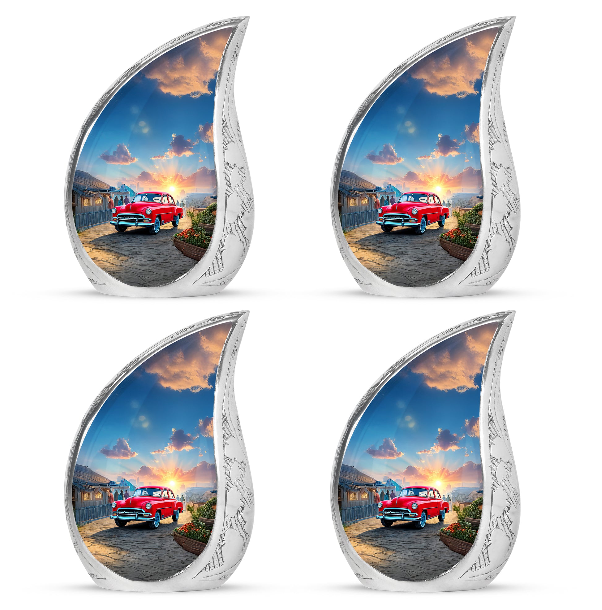 Calming Blue Car Cremation Urn close-up of engraving and surface detail - graceful tear-shaped urn with car motif - 10 inch aluminum urn for cremated remains