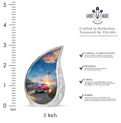 Dusty Blue Car Cremation Urn angled view of lid and engraved motif - flowing teardrop car silhouette on curved aluminum - mini keepsake memorial for portion of cremation ashes