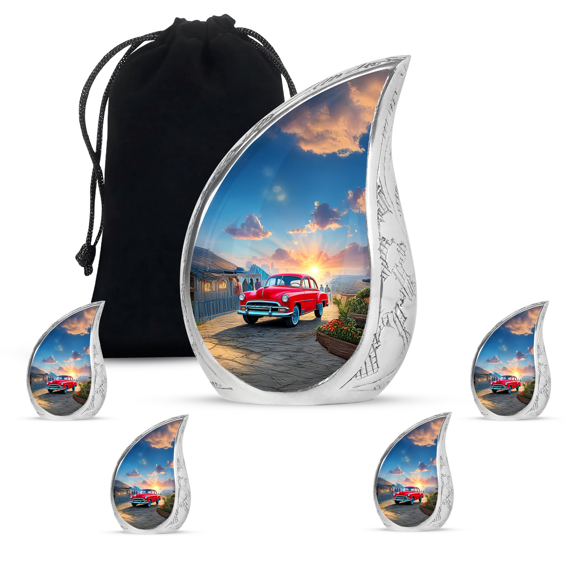 Vivid Blue Car Cremation Urn side profile showing urn shape - graceful tear-shaped urn with car motif - memorial set with one large and four small urns