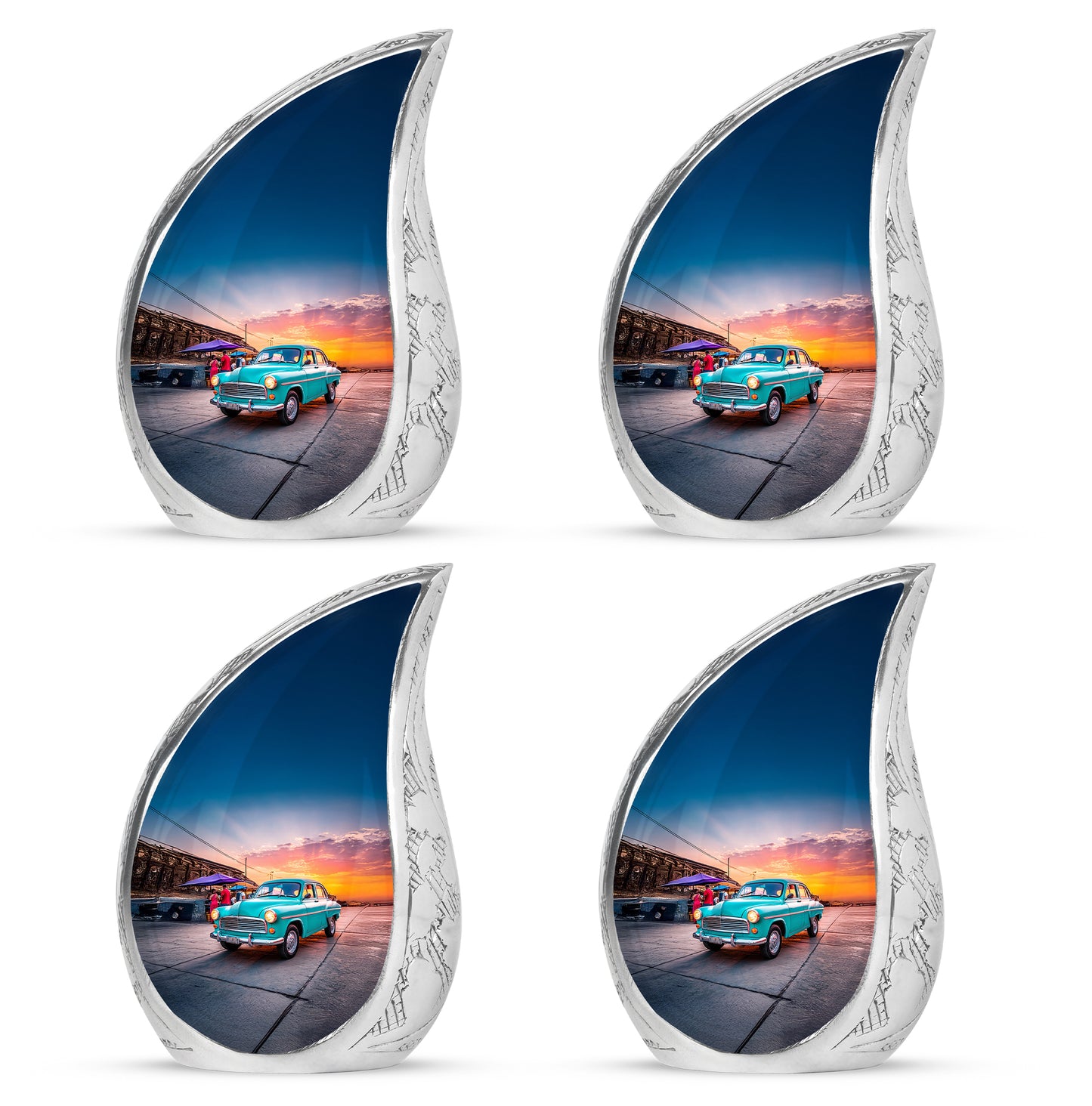 Dusty Blue Car Cremation Urn close-up of engraving and surface detail - flowing teardrop car silhouette on curved aluminum - 10 inch aluminum urn for cremated remains