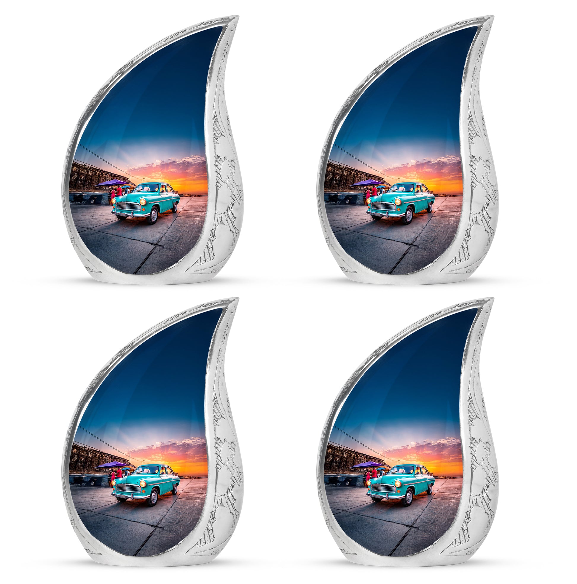 Dusty Blue Car Cremation Urn close-up of engraving and surface detail - flowing teardrop car silhouette on curved aluminum - 10 inch aluminum urn for cremated remains