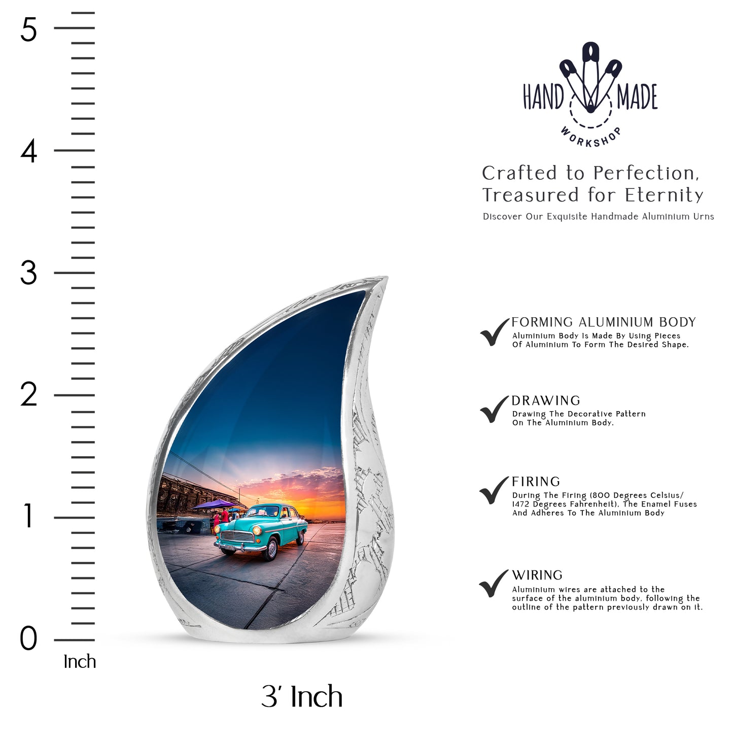 Serene Blue Car Cremation Urn angled view of lid and engraved motif - smooth teardrop contour featuring car art - mini keepsake memorial for portion of cremation ashes