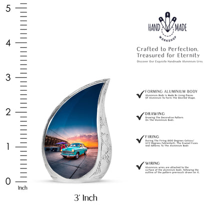 Serene Blue Car Cremation Urn angled view of lid and engraved motif - smooth teardrop contour featuring car art - mini keepsake memorial for portion of cremation ashes