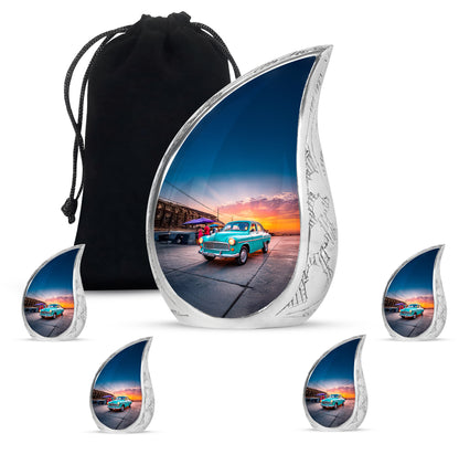 Navy Blue Car Cremation Urn side profile showing urn shape - flowing teardrop car silhouette on curved aluminum - memorial set with one large and four small urns