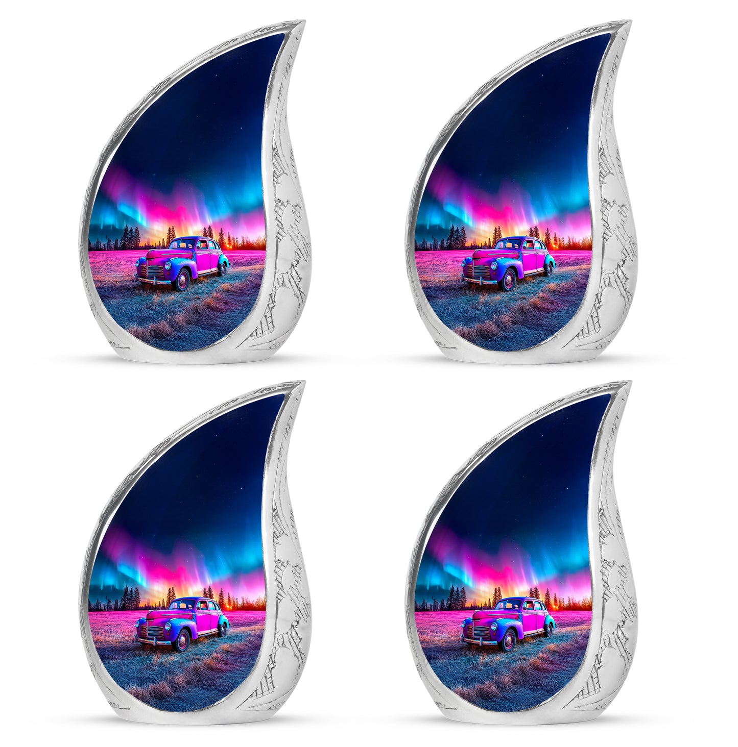 Celestial Blue Car Cremation Urn close-up of engraving and surface detail - flowing teardrop car silhouette on curved aluminum - 10 inch aluminum urn for cremated remains