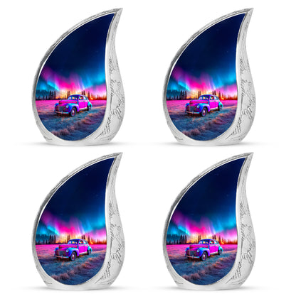 Celestial Blue Car Cremation Urn close-up of engraving and surface detail - flowing teardrop car silhouette on curved aluminum - 10 inch aluminum urn for cremated remains