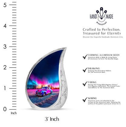 Azure Car Cremation Urn angled view of lid and engraved motif - flowing teardrop car silhouette on curved aluminum - mini keepsake memorial for portion of cremation ashes