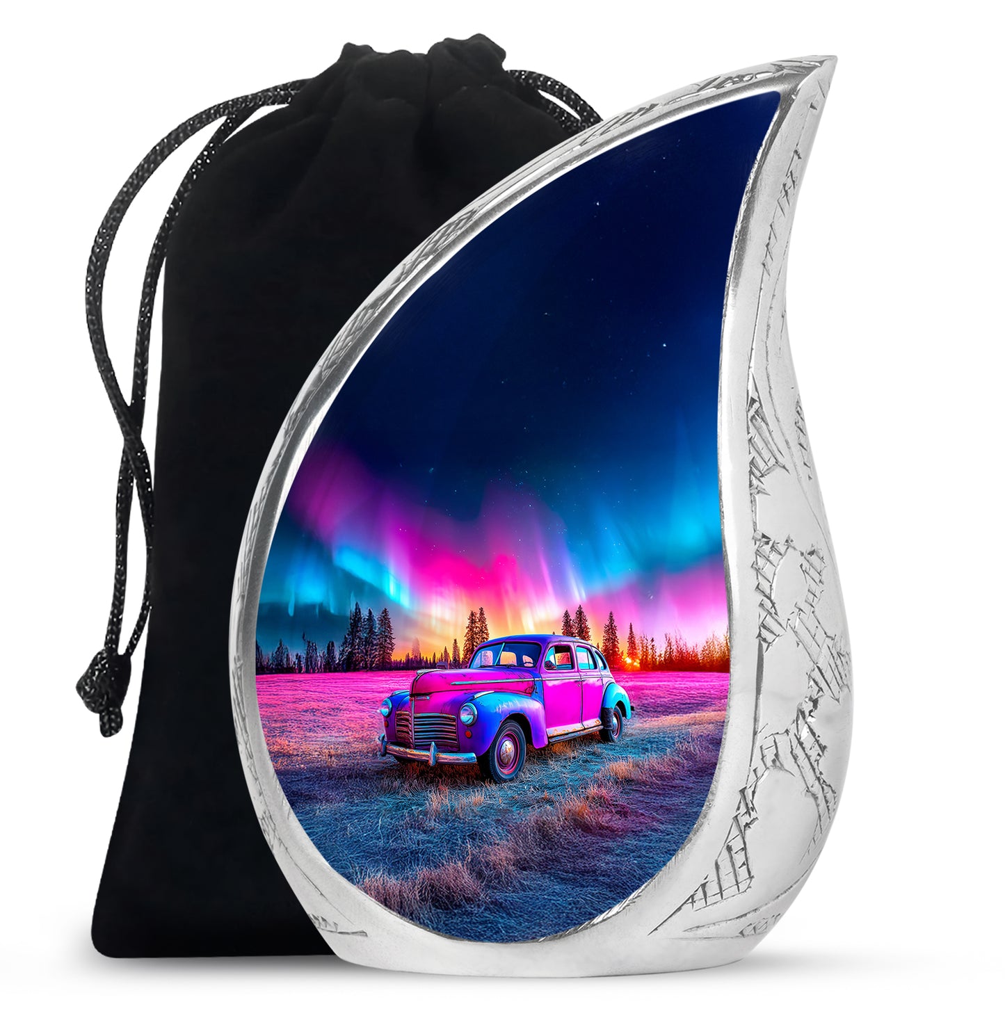 Sapphire Blue Car Cremation Urn front view showing detailed design - smooth teardrop contour featuring car art - full-size 10 inch 200 cubic inch adult cremation urn
