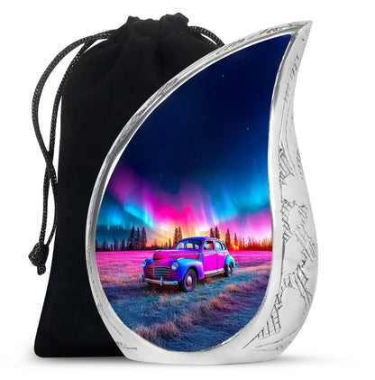 Sapphire Blue Car Cremation Urn front view showing detailed design - smooth teardrop contour featuring car art - full-size 10 inch 200 cubic inch adult cremation urn