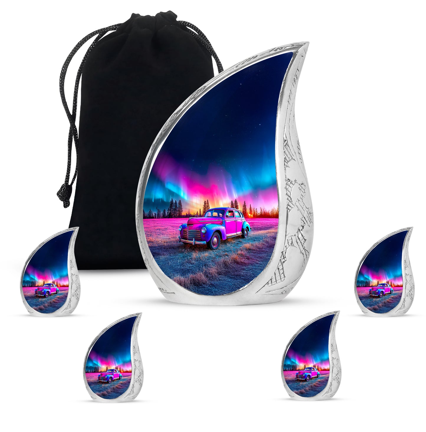Cobalt Blue Car Cremation Urn side profile showing urn shape - graceful tear-shaped urn with car motif - memorial set with one large and four small urns