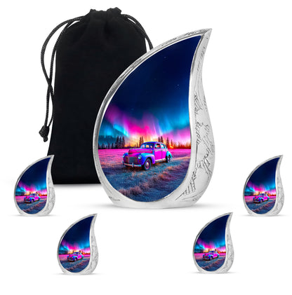 Cobalt Blue Car Cremation Urn side profile showing urn shape - graceful tear-shaped urn with car motif - memorial set with one large and four small urns