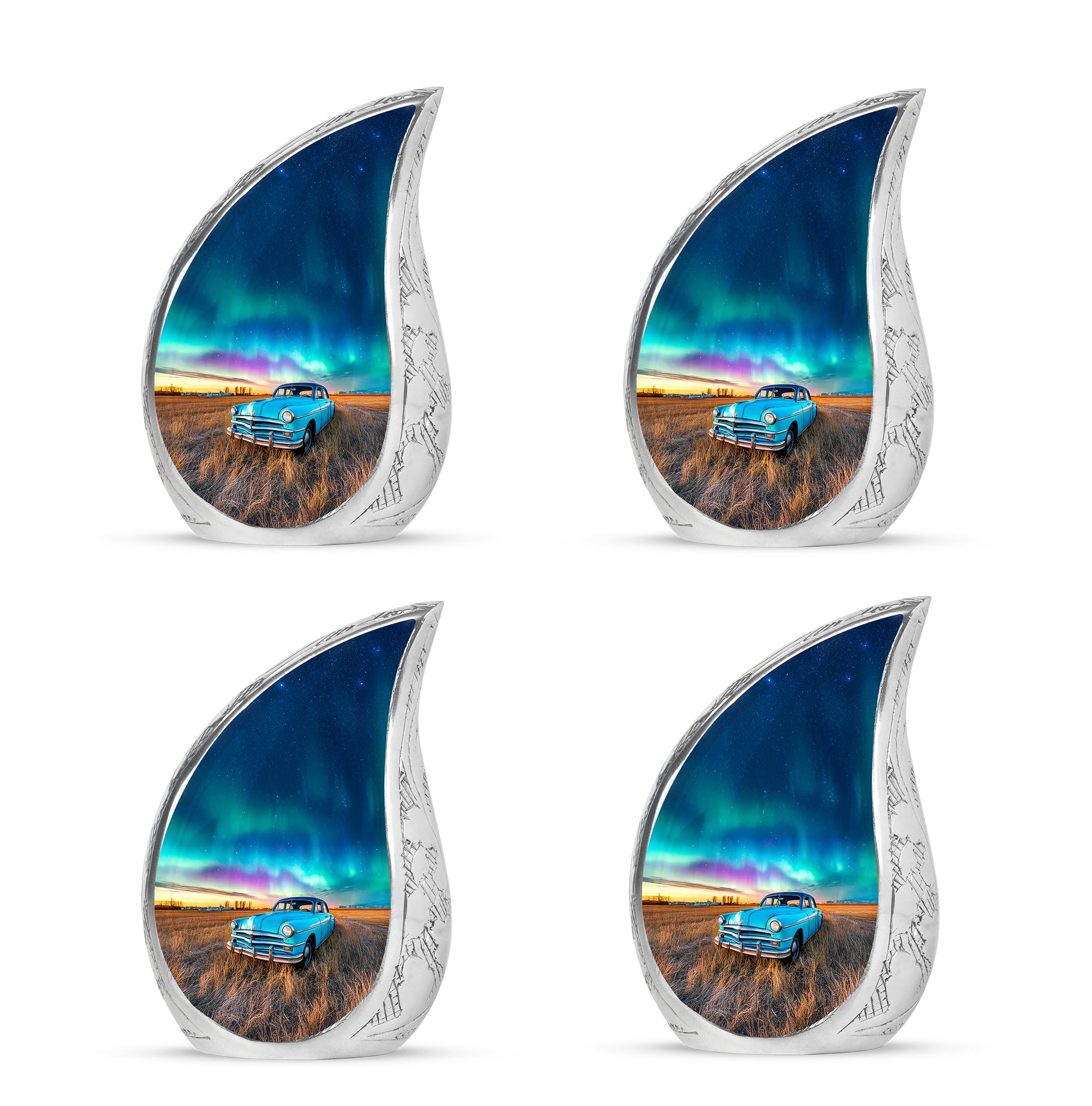 Steel Blue Car Cremation Urn close-up of engraving and surface detail - graceful tear-shaped urn with car motif - 10 inch aluminum urn for cremated remains
