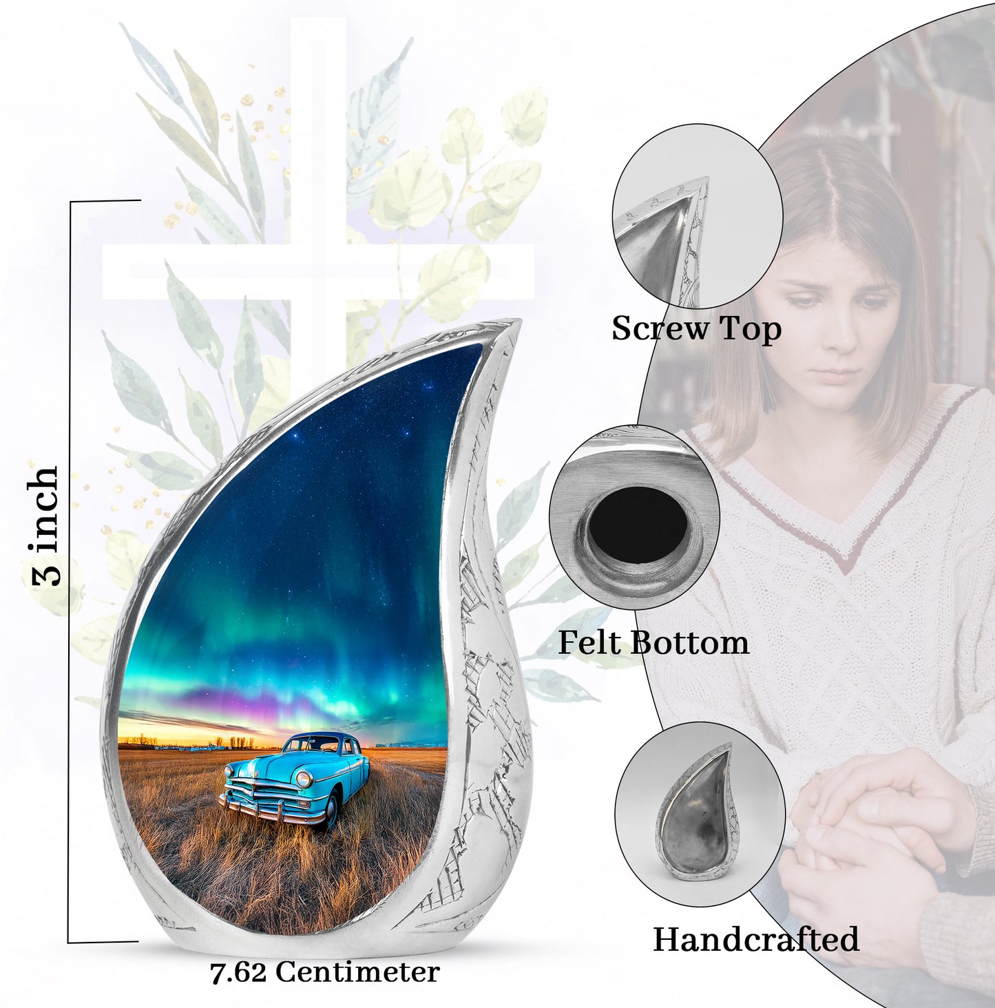 Cobalt Blue Car Cremation Urn angled view of lid and engraved motif - graceful tear-shaped urn with car motif - mini keepsake memorial for portion of cremation ashes