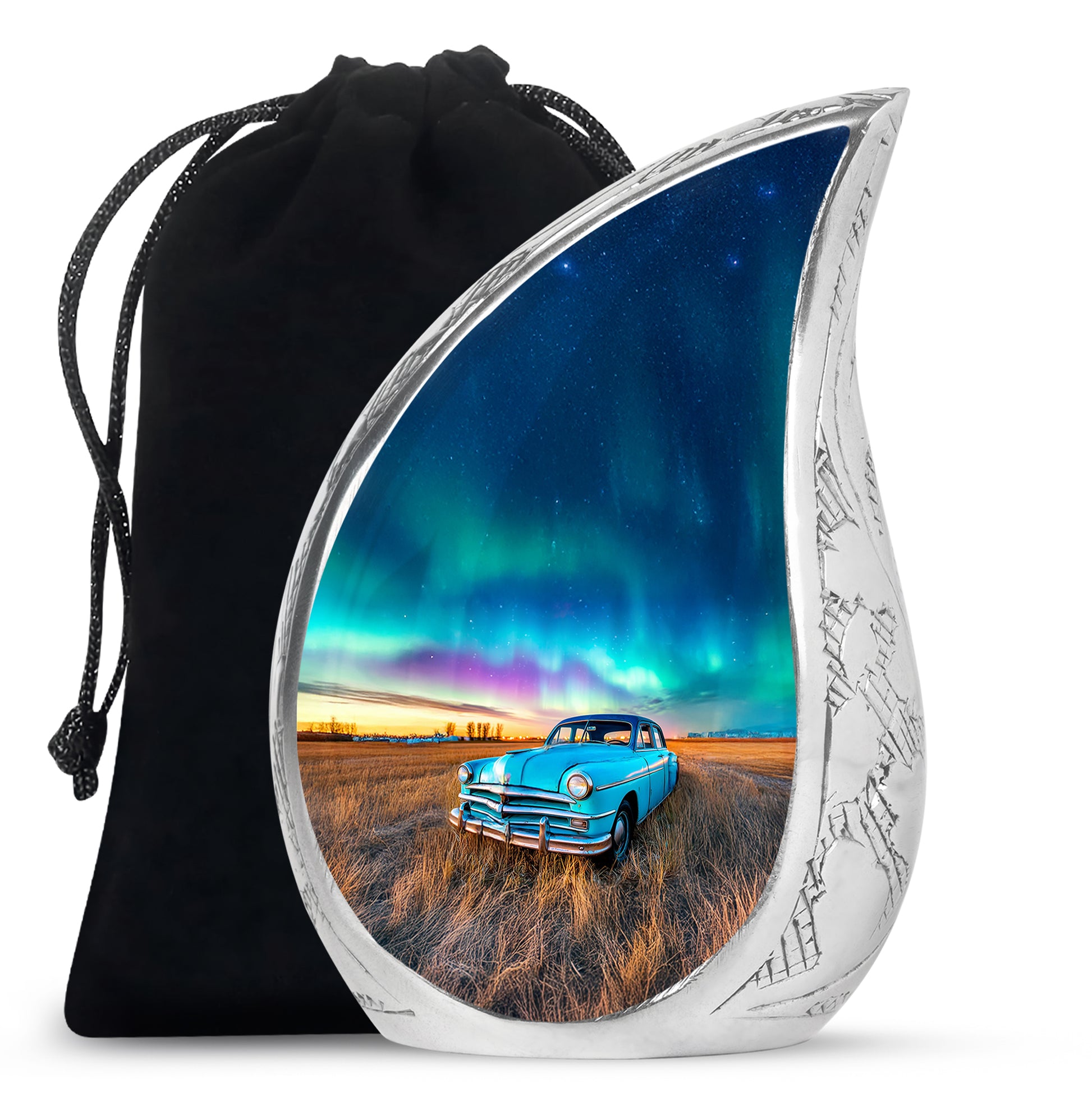 Celestial Blue Car Cremation Urn front view showing detailed design - flowing teardrop car silhouette on curved aluminum - full-size 10 inch 200 cubic inch adult cremation urn