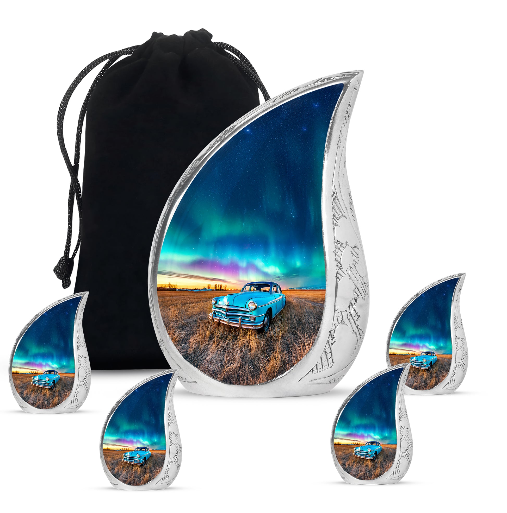 Celestial Blue Car Cremation Urn side profile showing urn shape - flowing teardrop car silhouette on curved aluminum - memorial set with one large and four small urns