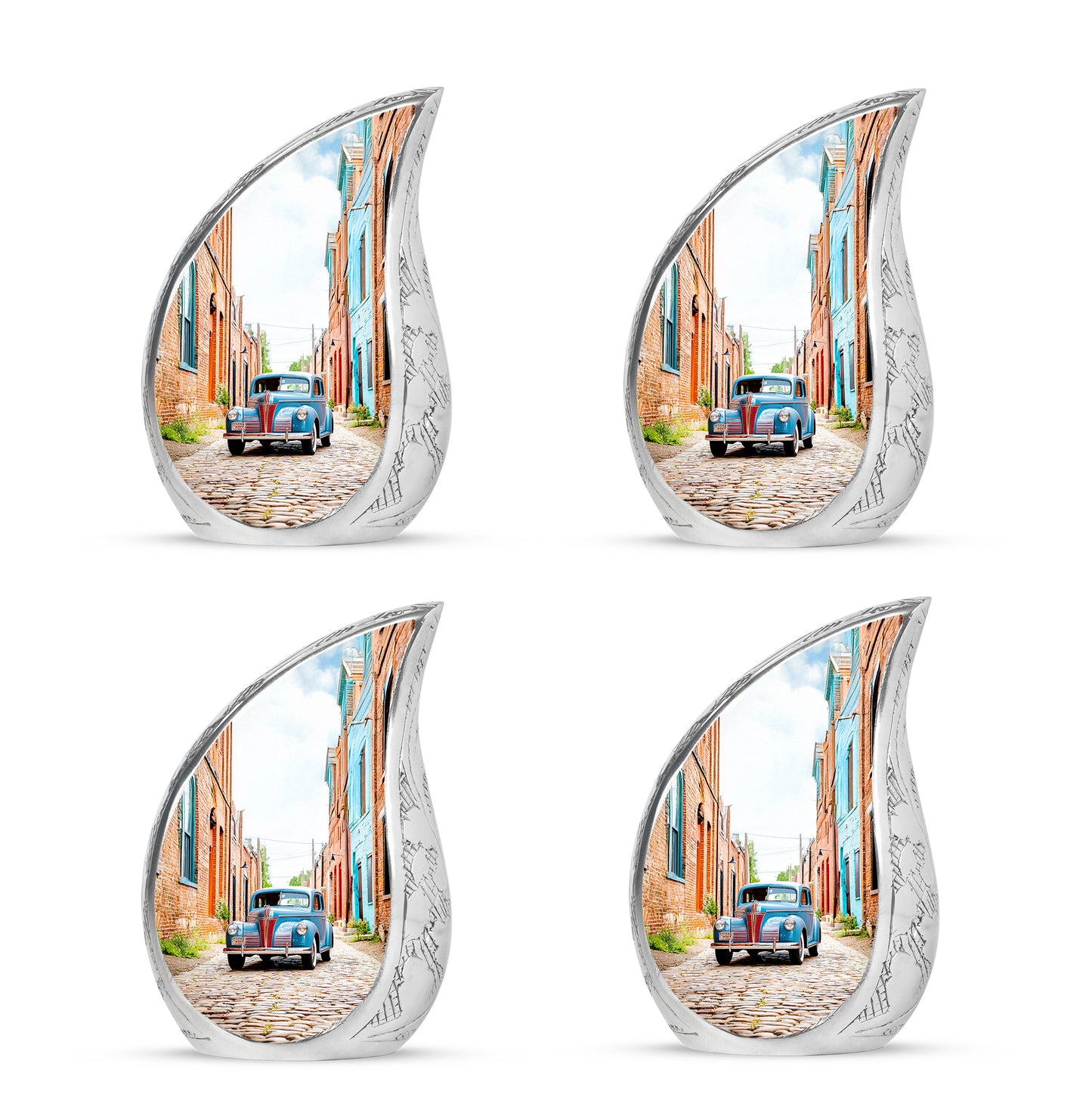 Brushed Silver Car Cremation Urn close-up of engraving and surface detail - rounded teardrop car design with delicate detail - 10 inch aluminum urn for cremated remains