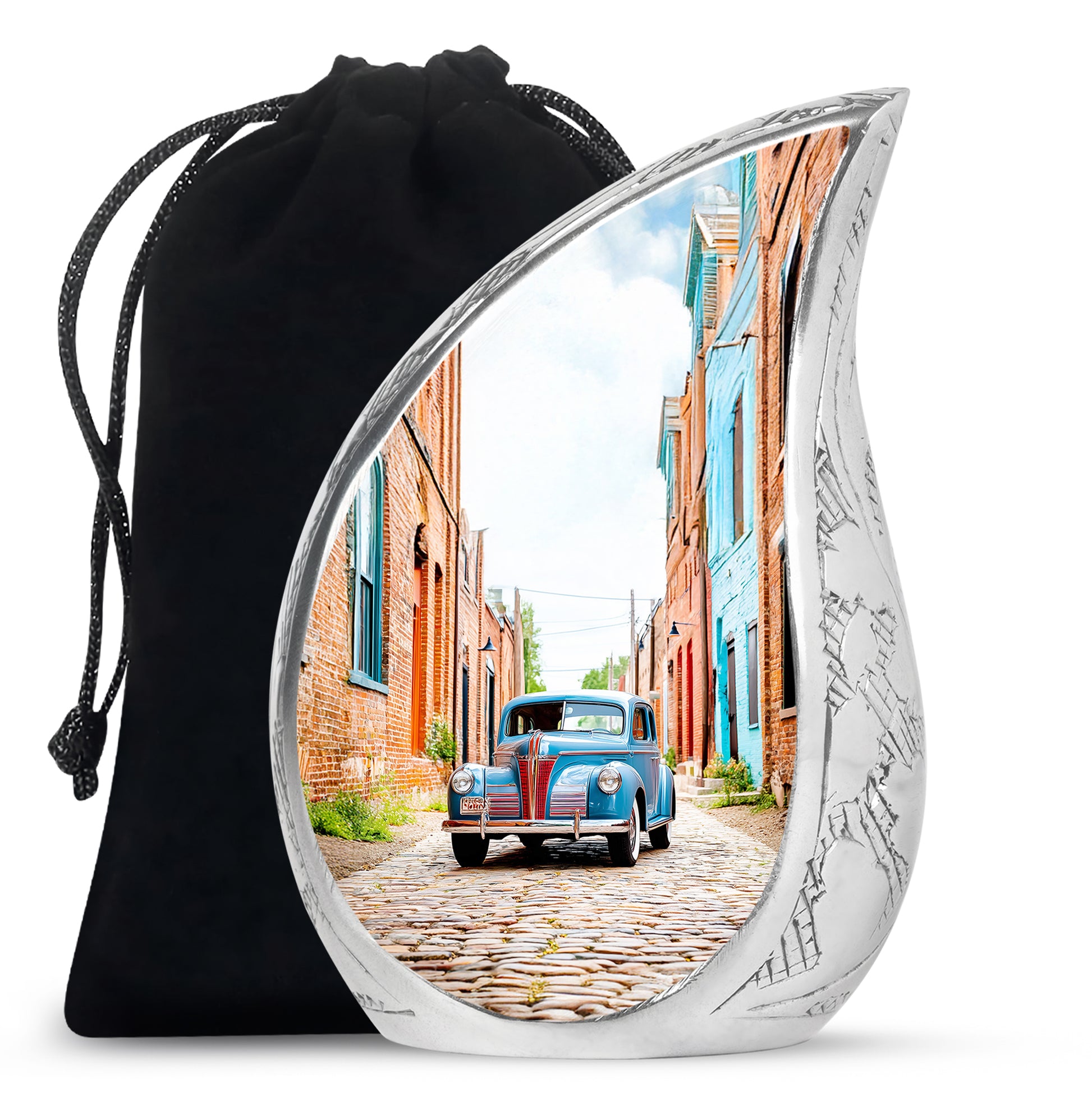 Gleaming Silver Car Cremation Urn front view showing detailed design - rounded teardrop car design with delicate detail - full-size 10 inch 200 cubic inch adult cremation urn