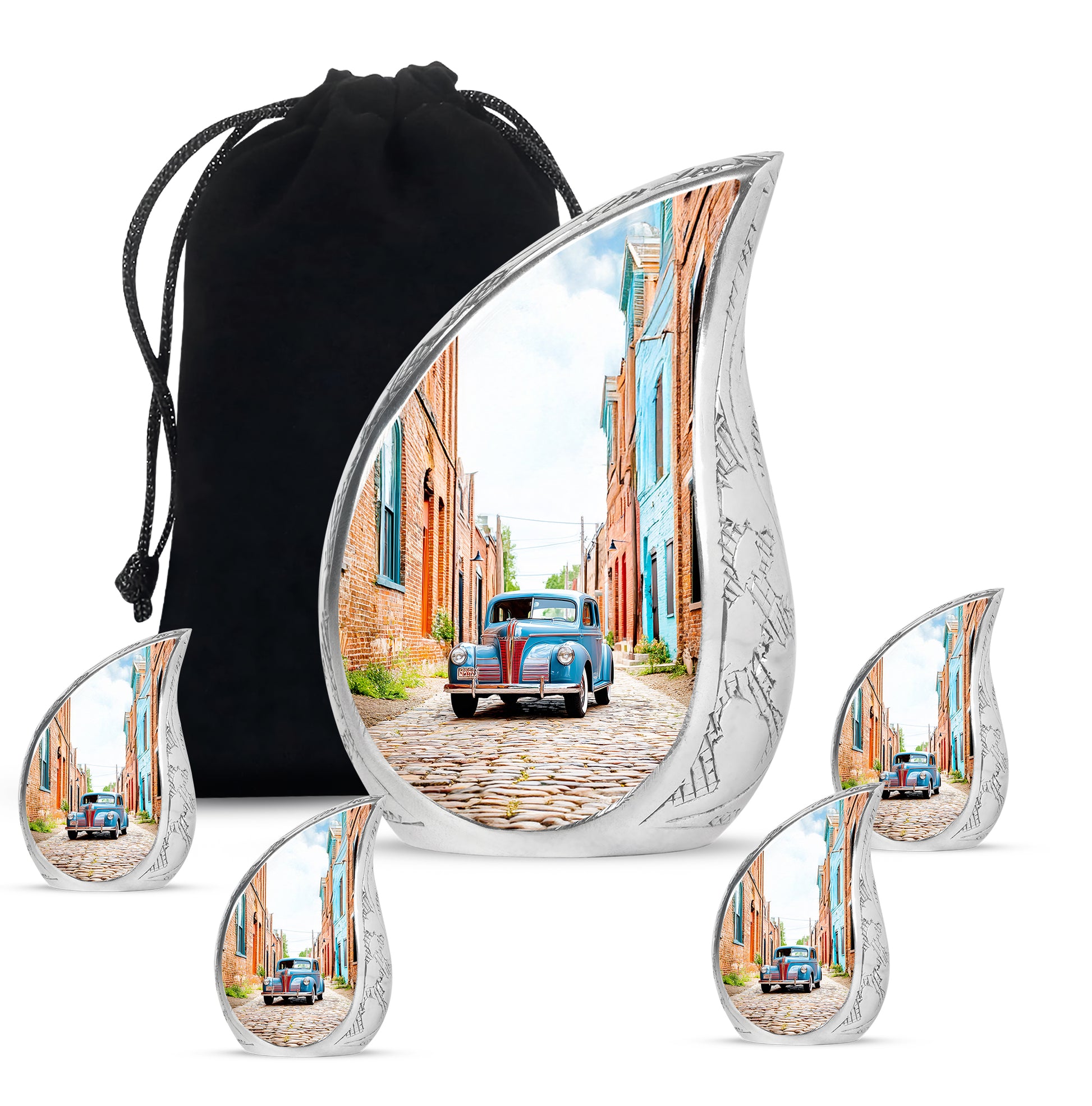 Chrome Silver Car Cremation Urn side profile showing urn shape - graceful tear-shaped urn with car motif - memorial set with one large and four small urns