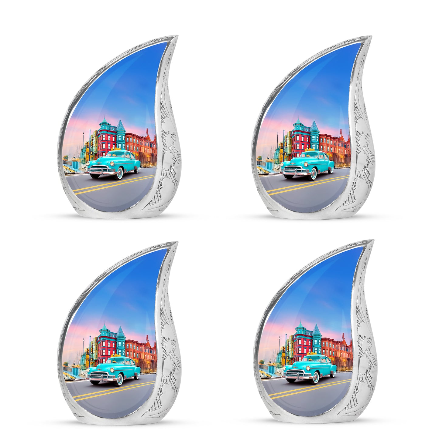 Slate Blue Car Cremation Urn close-up of engraving and surface detail - flowing teardrop car silhouette on curved aluminum - 10 inch aluminum urn for cremated remains