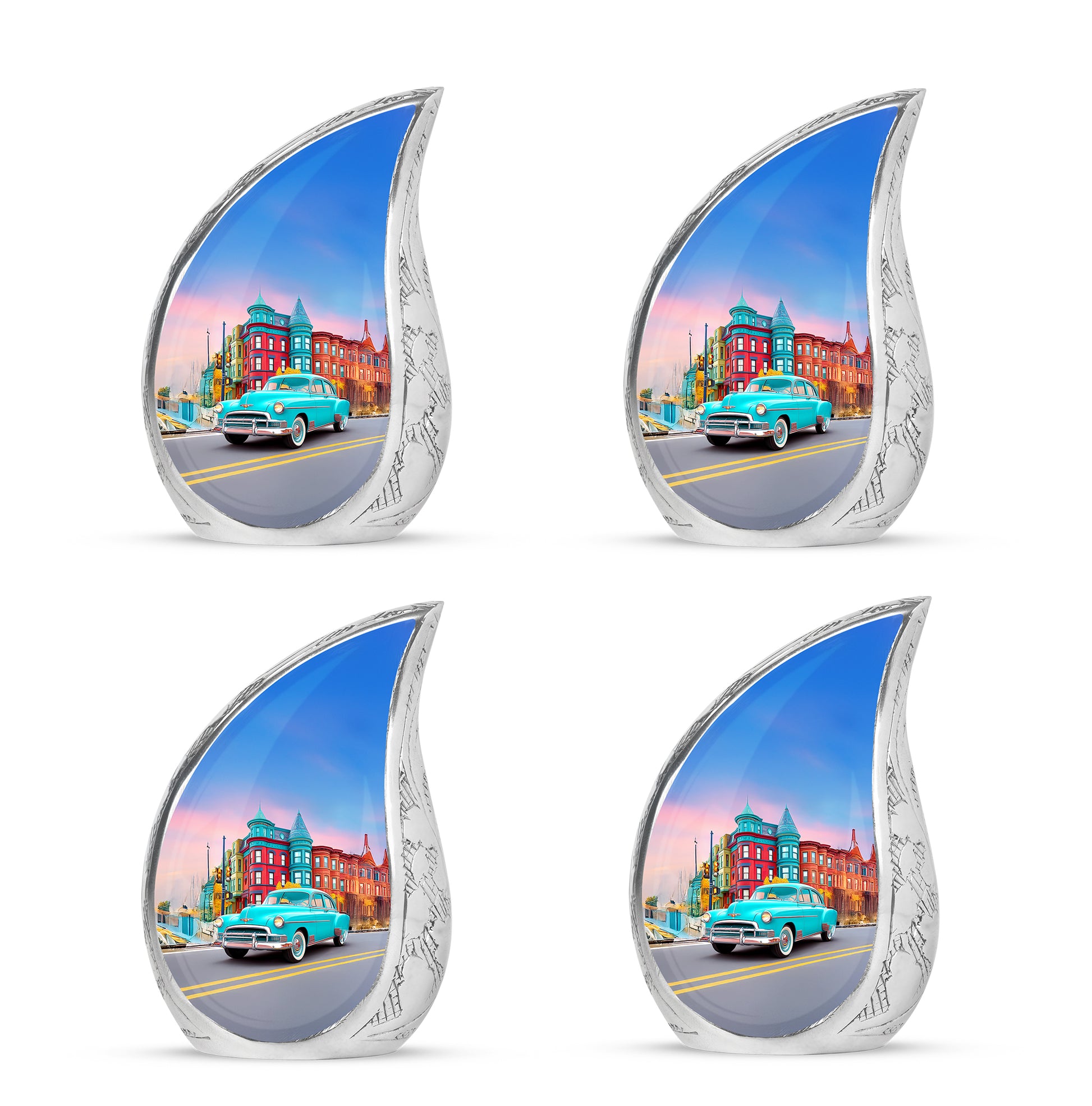 Slate Blue Car Cremation Urn close-up of engraving and surface detail - flowing teardrop car silhouette on curved aluminum - 10 inch aluminum urn for cremated remains