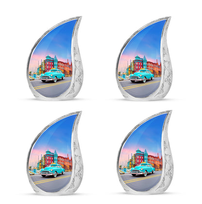 Slate Blue Car Cremation Urn close-up of engraving and surface detail - flowing teardrop car silhouette on curved aluminum - 10 inch aluminum urn for cremated remains