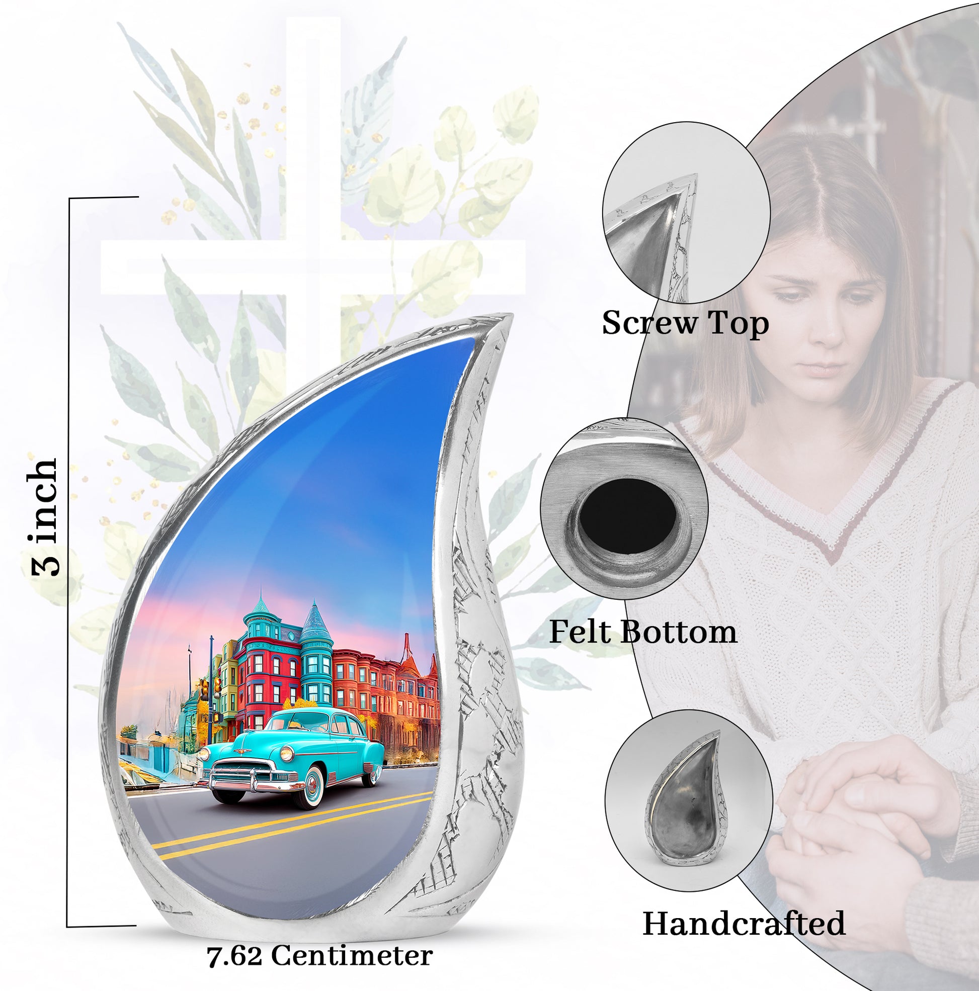 Bright Blue Car Cremation Urn angled view of lid and engraved motif - smooth teardrop contour featuring car art - mini keepsake memorial for portion of cremation ashes