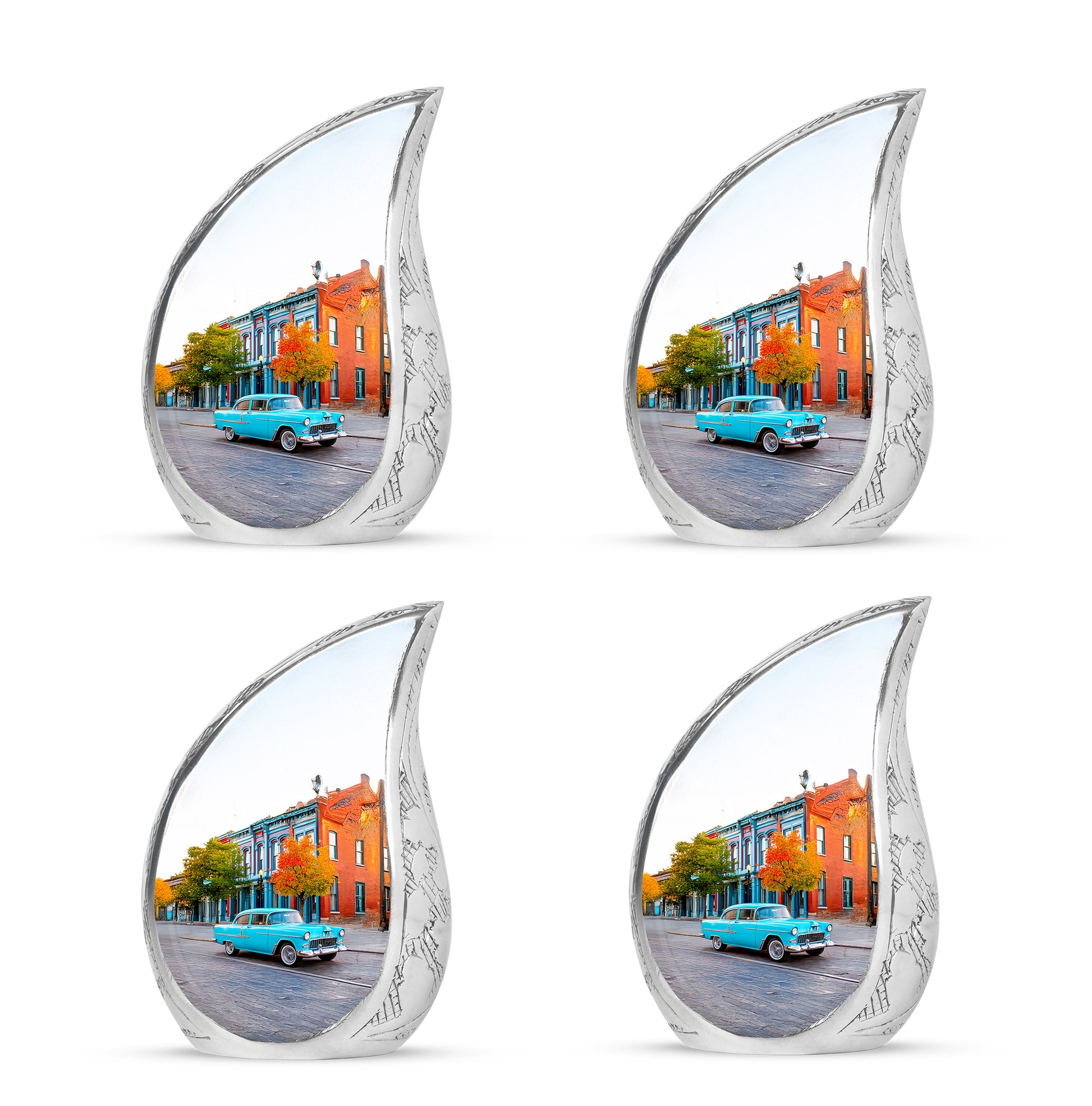 Moonlight Silver Car Cremation Urn close-up of engraving and surface detail - smooth teardrop contour featuring car art - 10 inch aluminum urn for cremated remains
