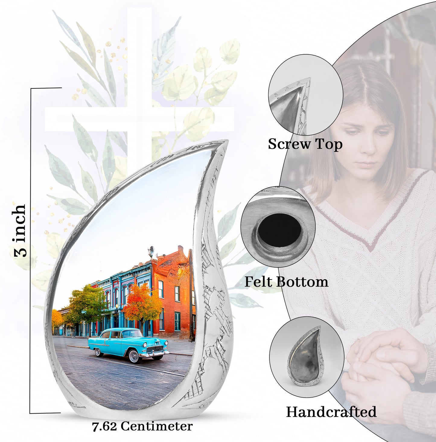 Chrome Silver Car Cremation Urn angled view of lid and engraved motif - graceful tear-shaped urn with car motif - mini keepsake memorial for portion of cremation ashes